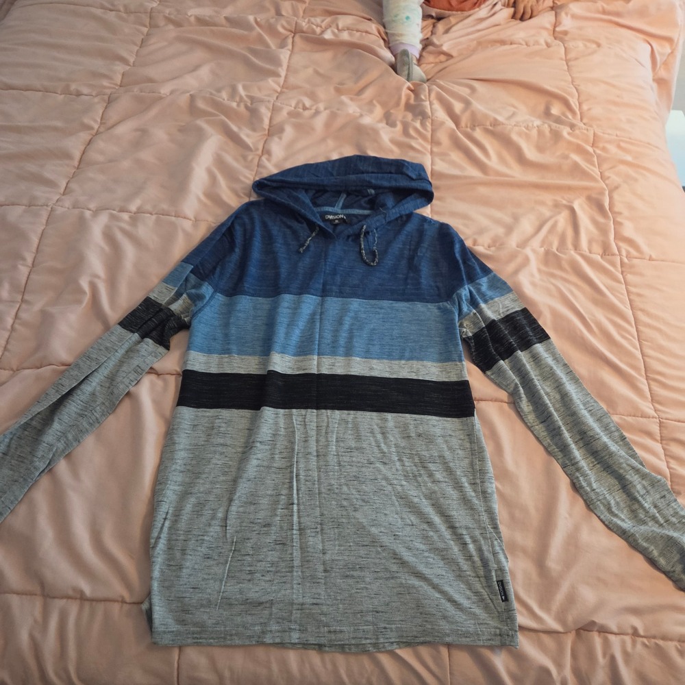 Dvision Mens XL Colorblock Striped Lightweight Hoodie Blue Grey Long Sleeve Top